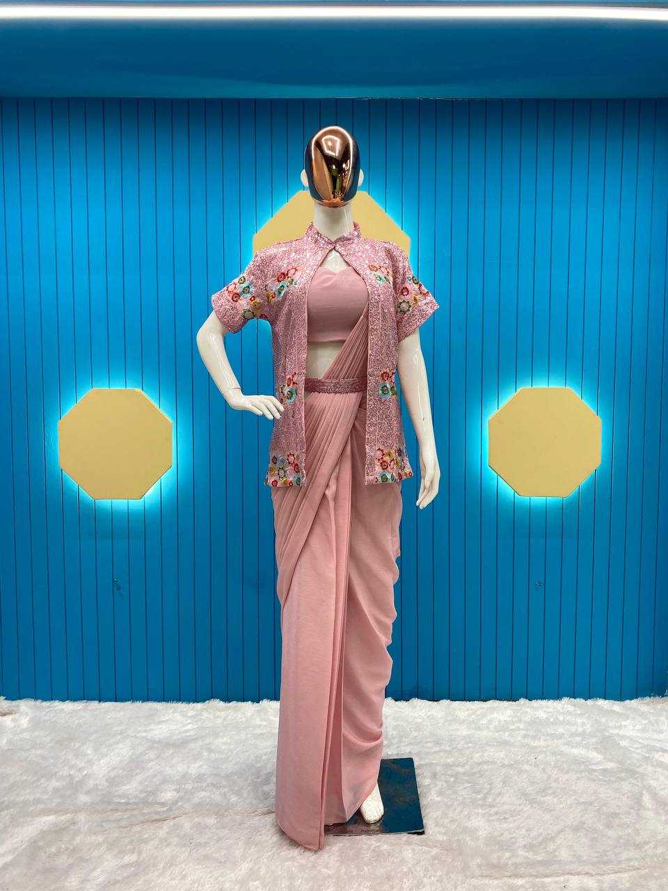 YNF CHINON SILK RIN141 1844 SAREES WHOLESALE READY TO WEAR FANCY PRE DRAPED PLAIN SAREE WITH BELT SAREE WITH JACKET MANUFACTURER