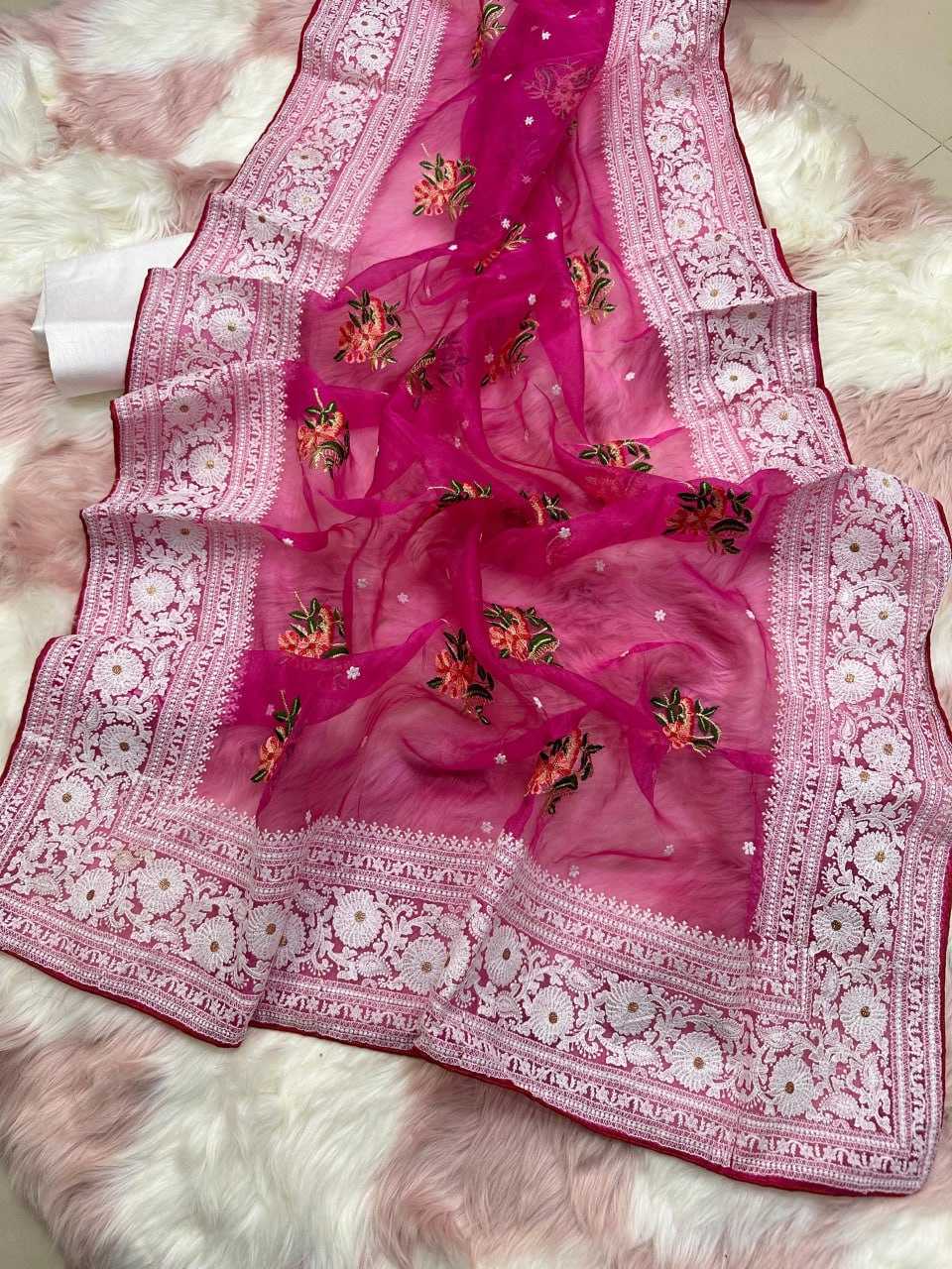 YNF ORGANZA SILK MPL 19 SAREES WHOLESALE ORGANZA FANCY CHIKAN SAREES EMANUFACTURER