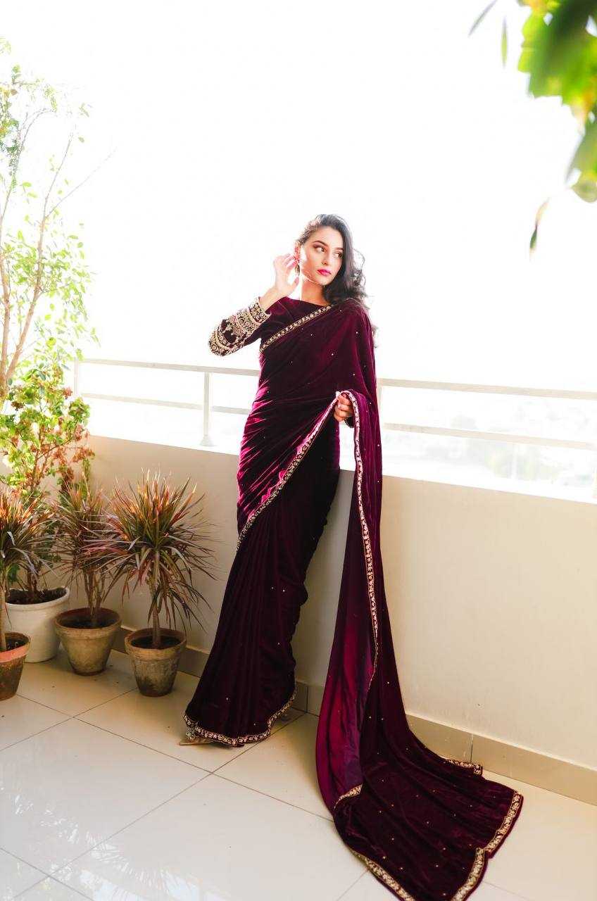 YNF VELVET RST 403 SAREES WHOLESALE PARTY WEAR VELVET EMBROIDERED SAREES MANUFACTURER