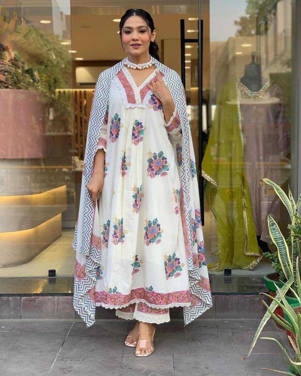 YNF COTTON KESH211 LDY74 SUITS & DRESSES WHOLESALE PRINTED EMBROIDERY COTTON ANARKALI LONG KURTIS WHITE SALWAR SUITS MANUFACTURER