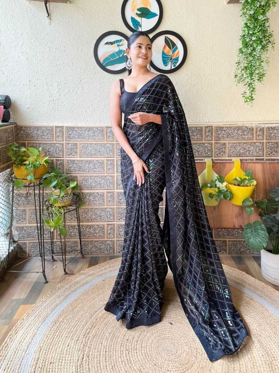 YNF FAUX GEORGETTE KESH198 667 SAREES WHOLESALE GEORGETTE BLACK SEQUINS WORK PARTY WEAR SAREES MANUFACTURER