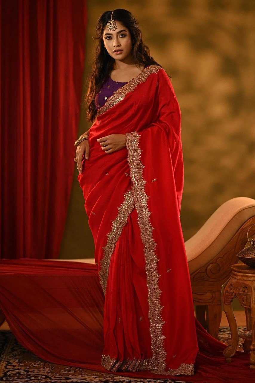 YNF GEORGETTE KESH162 VRT52 SAREES WHOLESALE GEORGETTE LACE BORDER ZARI BORDER RED SAREE WITH BLOUSE MANUFACTURER