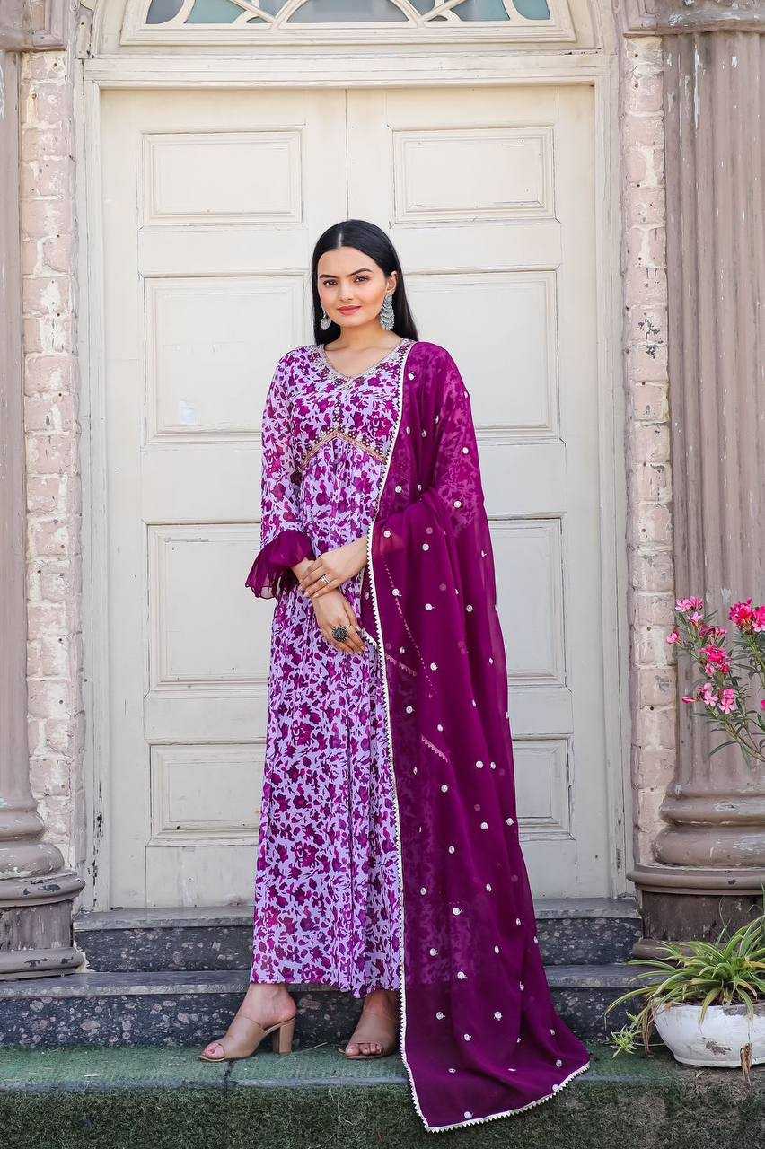 YNF GEORGETTE KESH211 LDY28 GOWNS WHOLESALE PRINTED EMBROIDERY ANARKALI LONG PURPLE GOWNS MANUFACTURER