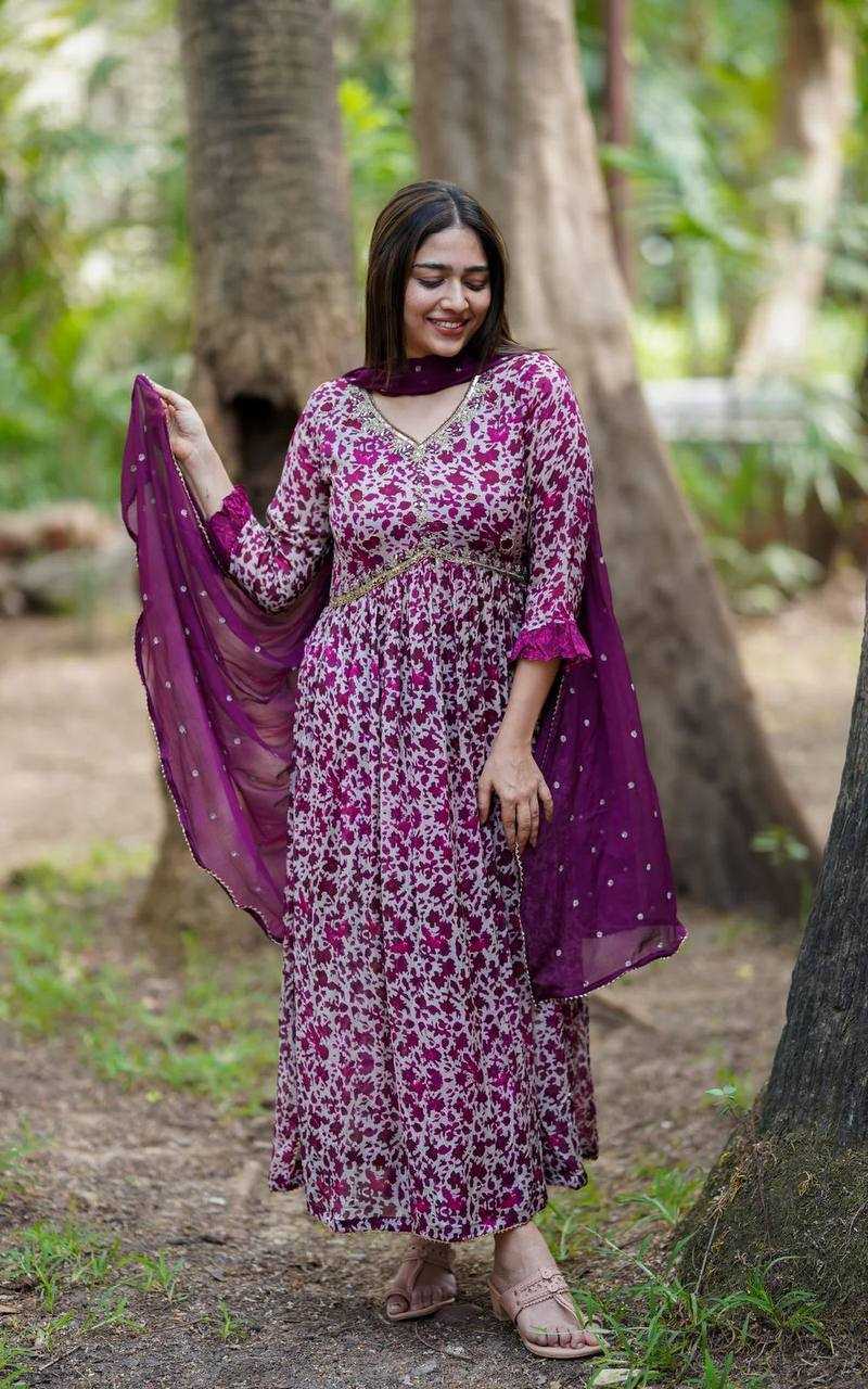 YNF GEORGETTE KESH211 LDY52 GOWNS WHOLESALE PRINTED ANARKALI LONG GEORGETTE GOWN WITH DUPATTA PURPLE GOWNS MANUFACTURER