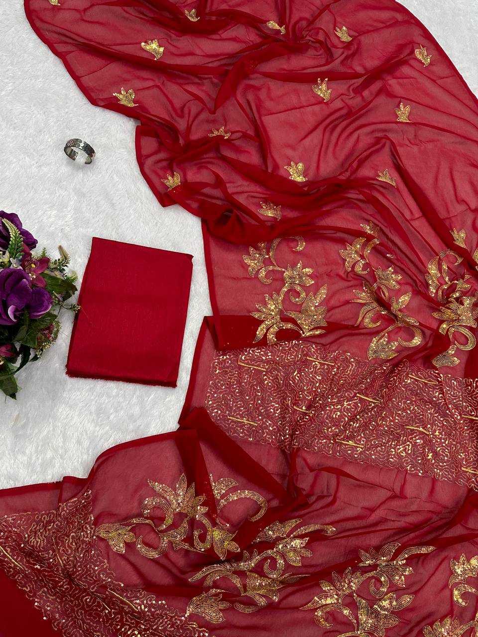 YNF GEORGETTE RIN181 484 SAREES WHOLESALE PARTY WEAR GEORGETTE EMBROIDERED RED TEEJ KARWA CHAUTH SAREES MANUFACTURER