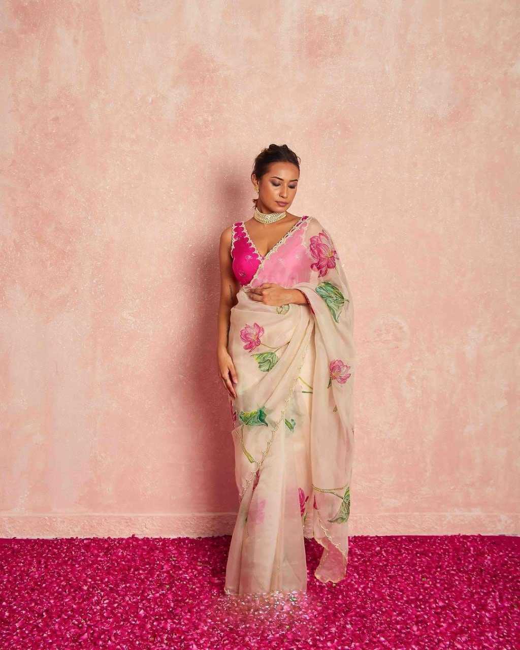 YNF ORGANZA RIN164 RRS87 SAREES WHOLESALE ORGANZA PRINTED HAND WORK CUTWORK HAND PRINTED SAREES MANUFACTURER