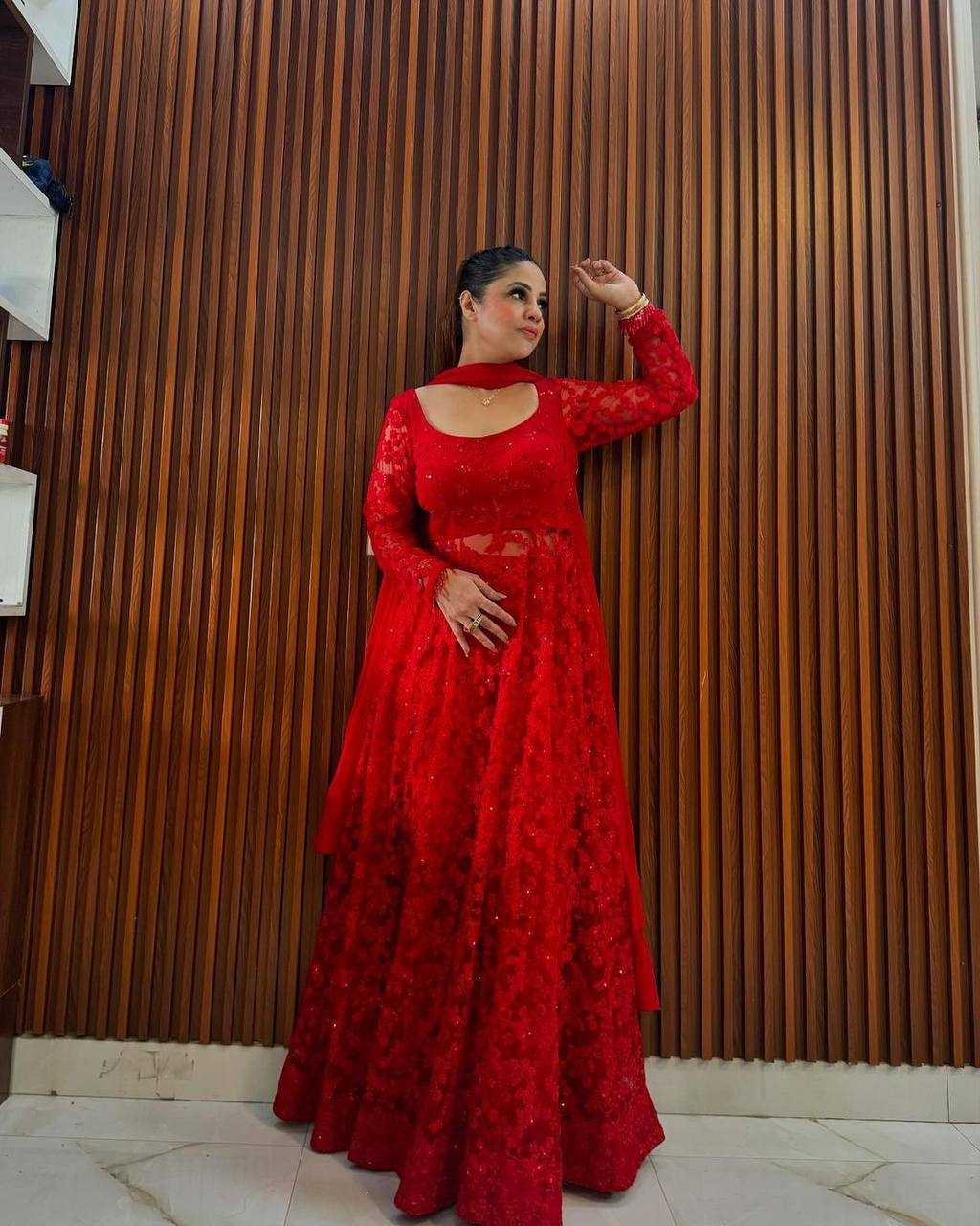 YNF BUTTERFLY NET RIN169 5770 GOWNS WHOLESALE RED NET ANARKALI SEQUIN GOWNS MANUFACTURER - Deevit International