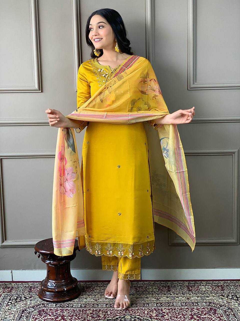 YNF CHANDERI COTTON RIN200 556 SUITS & DRESSES WHOLESALE CHANDERI LONG KURTI YELLOW SUITS MANUFACTURE - Deevit International