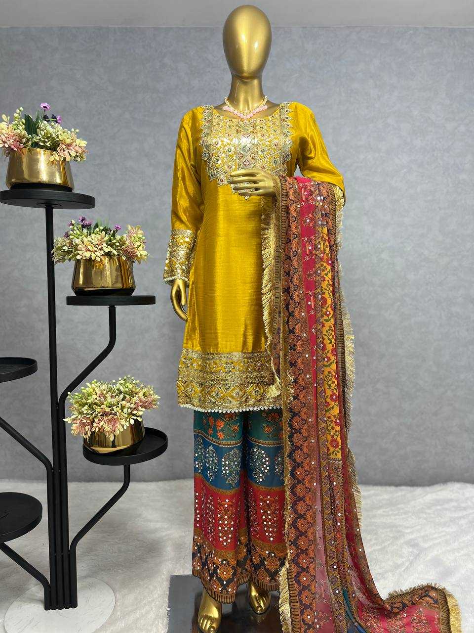 YNF CHINON SILK KESH227 1019 SUITS & DRESSES WHOLESALE LADIES EMBROIDERY PALAZZO LADIES SILK YELLOW SALWAR SUITS MANUFACTURER