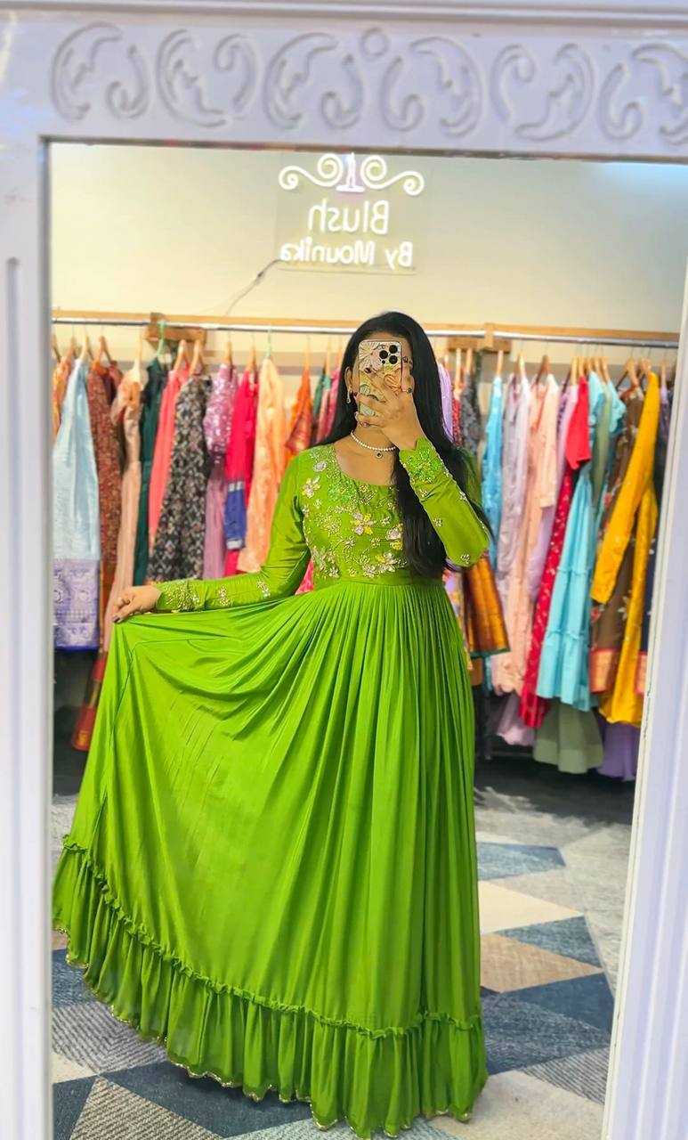 YNF CHINON SILK KESH232 997 GOWNS WHOLESALE EMBROIDERY LONG SILK GREEN GOWNS MANUFACTURER - Deevit International