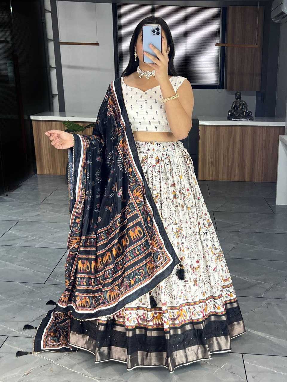 YNF DOLA SILK RIN119 6140 LEHENGAS WHOLESALE TRADITIONAL SILK PRINTED WHITE LEHENGAS MANUFACTURER - Deevit International