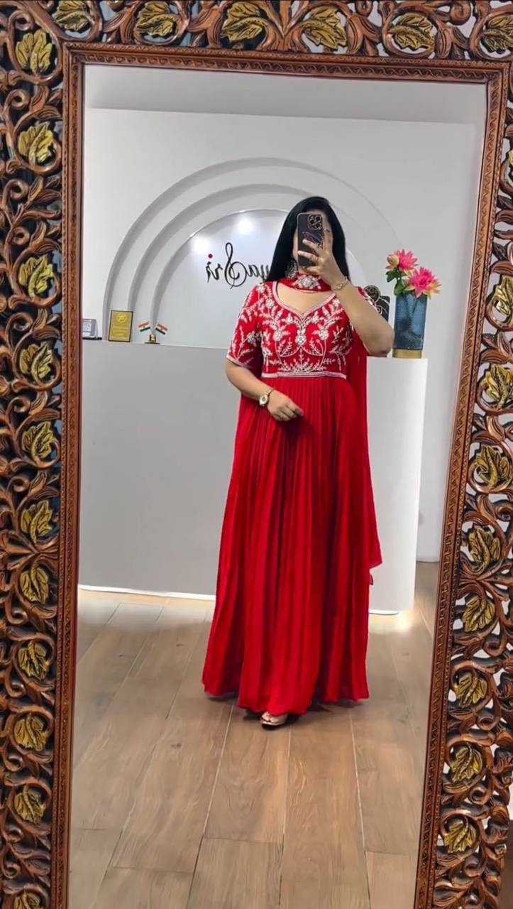 YNF FAUX GEORGETTE KESH119 459 GOWNS WHOLESALE EMBROIDERY RED GEORGETTE SEQUIN GOWNS MANUFACTURER - Deevit International