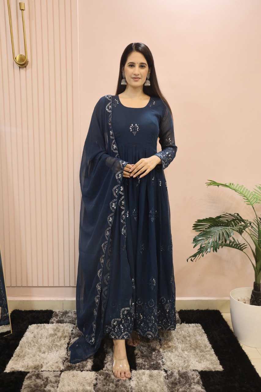 YNF FAUX GEORGETTE KESH164 G55 GOWNS WHOLESALE EMBROIDERED ANARKALI GEORGETTE BLUE GOWNS MANUFACTURER - Deevit International