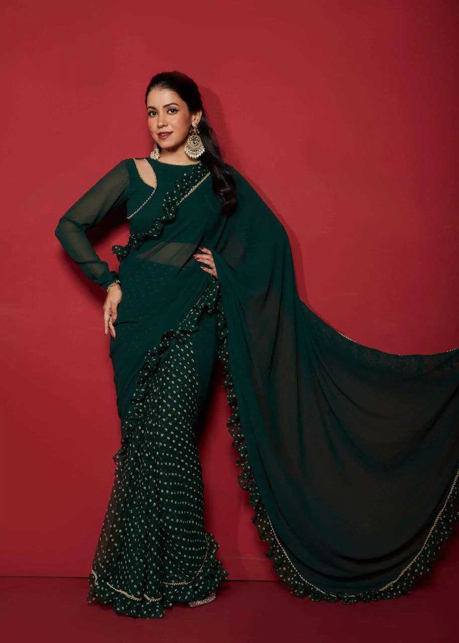 YNF FAUX GEORGETTE KESH188 9227 SAREES WHOLESALE READY TO WEAR GEORGETTE PRE DRAPED RUFFLE GREEN SAREES MANUFACTURER