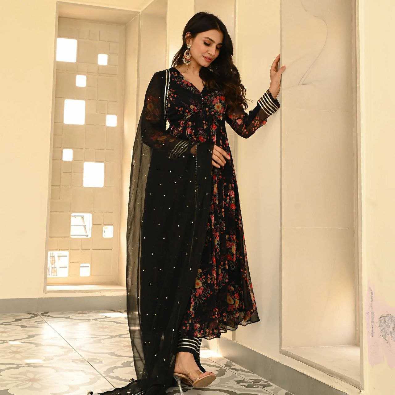 YNF GEOREGTTE KESH154 1139 GOWNS WHOLESALE GEOREGTTE BLACK PRINTED ANARKALI GOWNS MANUFACTURER - Deevit International