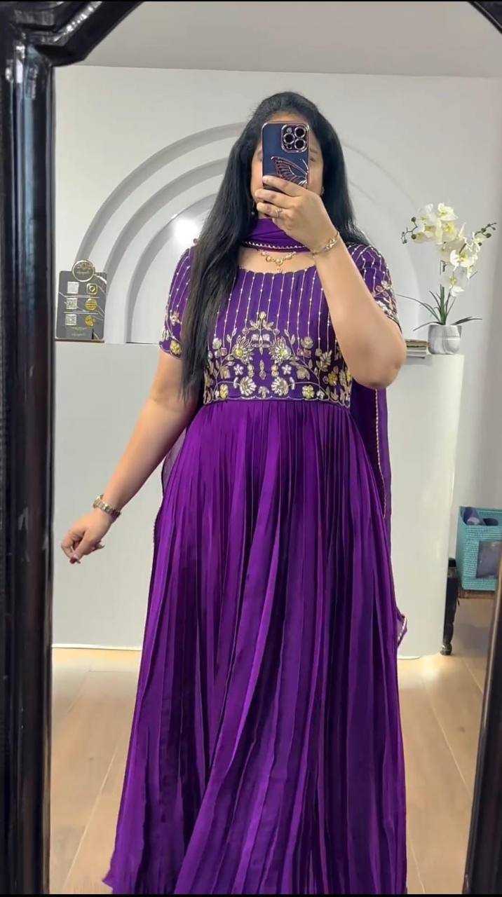 YNF GEORGETTE KESH232 906 GOWNS WHOLESALE EMBROIDERED LONG GEORGETTE PURPLE GOWNS MANUFACTURER - Deevit International