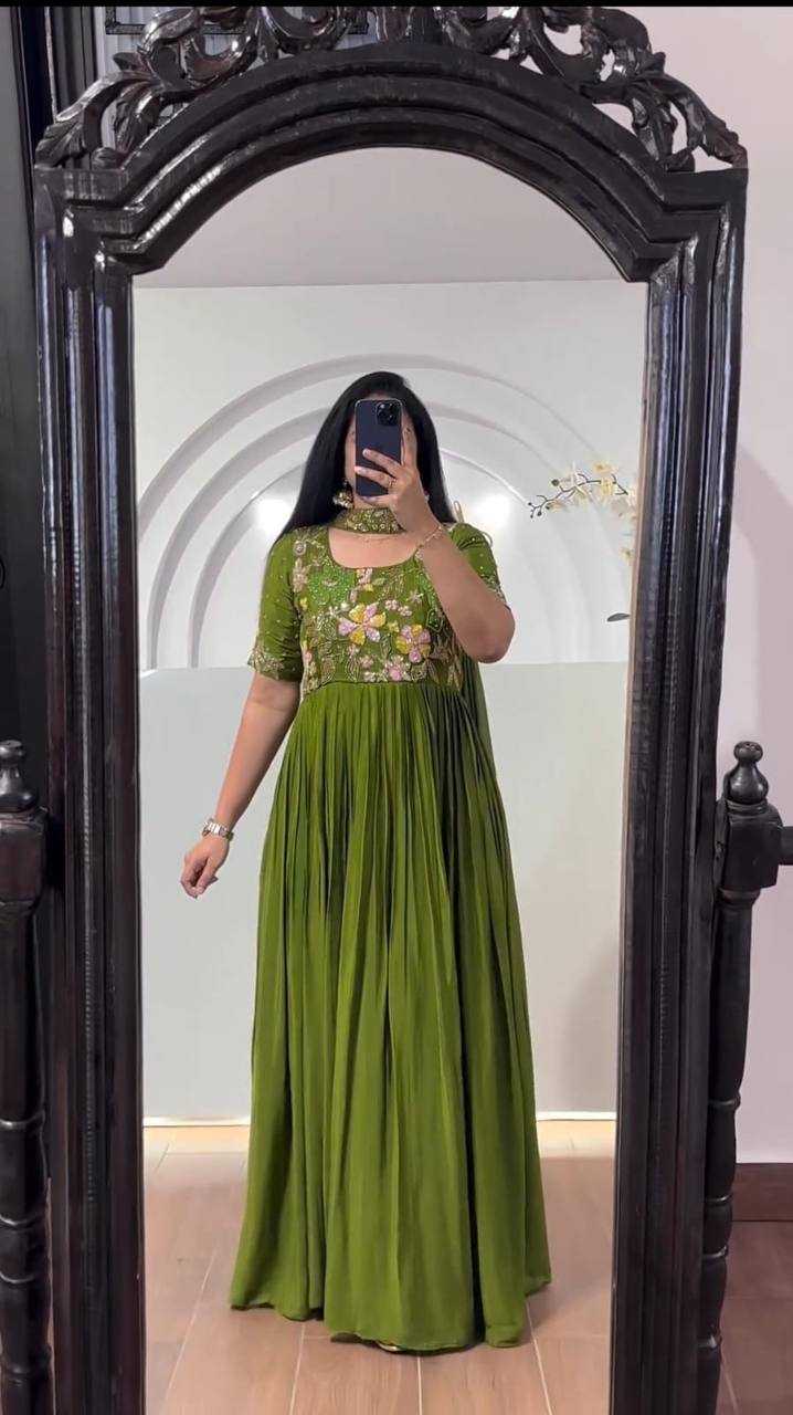 YNF GEORGETTE KESH232 933 GOWNS WHOLESALE EMBROIDERED ANARKALI GEORGETTE GREEN GOWNS MANUFACTURER - Deevit International