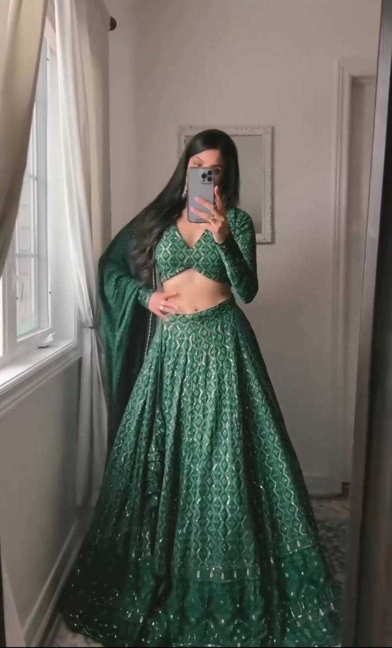 YNF GEORGETTE KESH232 979 LEHENGAS WHOLESALE GEORGETTE EMBROIDERED MEHENDI OUTFITS GREEN LEHENGAS MANUFACTURER - Deevit International