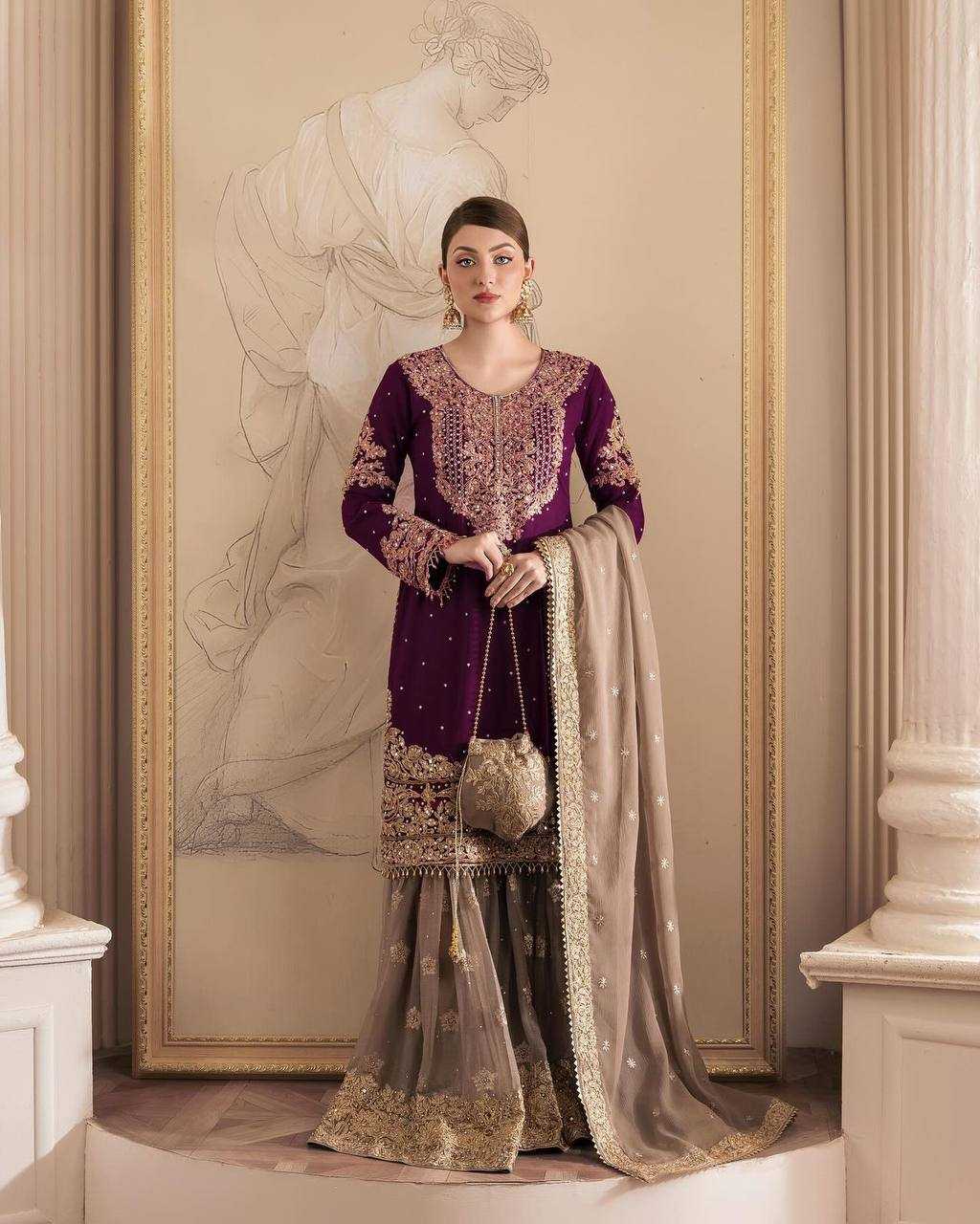 YNF GEORGETTE RIN133 1486 SUITS & DRESSES WHOLESALE GEORGETTE EMBROIDERY SHARARA SALWAR MAROON SALWAR SUITS MANUFACTURE - Deevit International