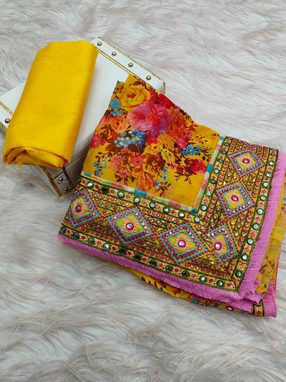 YNF GEORGETTE RIN187 666 SAREES WHOLESALE EMBRODERY GEORGETTE LACE BORDER YELLOW SAREES MANUFACTURER - Deevit International