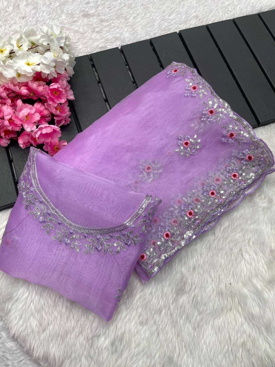 YNF ORGANZA SILK RIN143 433 SAREES WHOLESALE ORGANZA EMBROIDERED SILK PURPLE SAREES MANUFACTURER