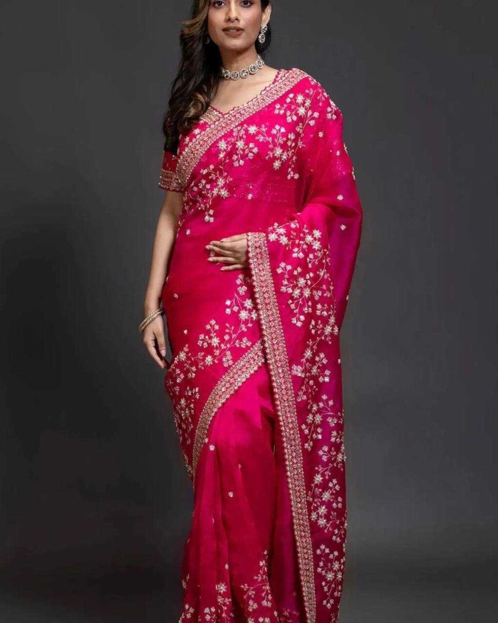 YNF ORGANZA SILK RIN187 653 SAREES WHOLESALE SEQUENCE EMBRODERY ORGANZA PINK SAREES MANUFACTURER - Deevit International