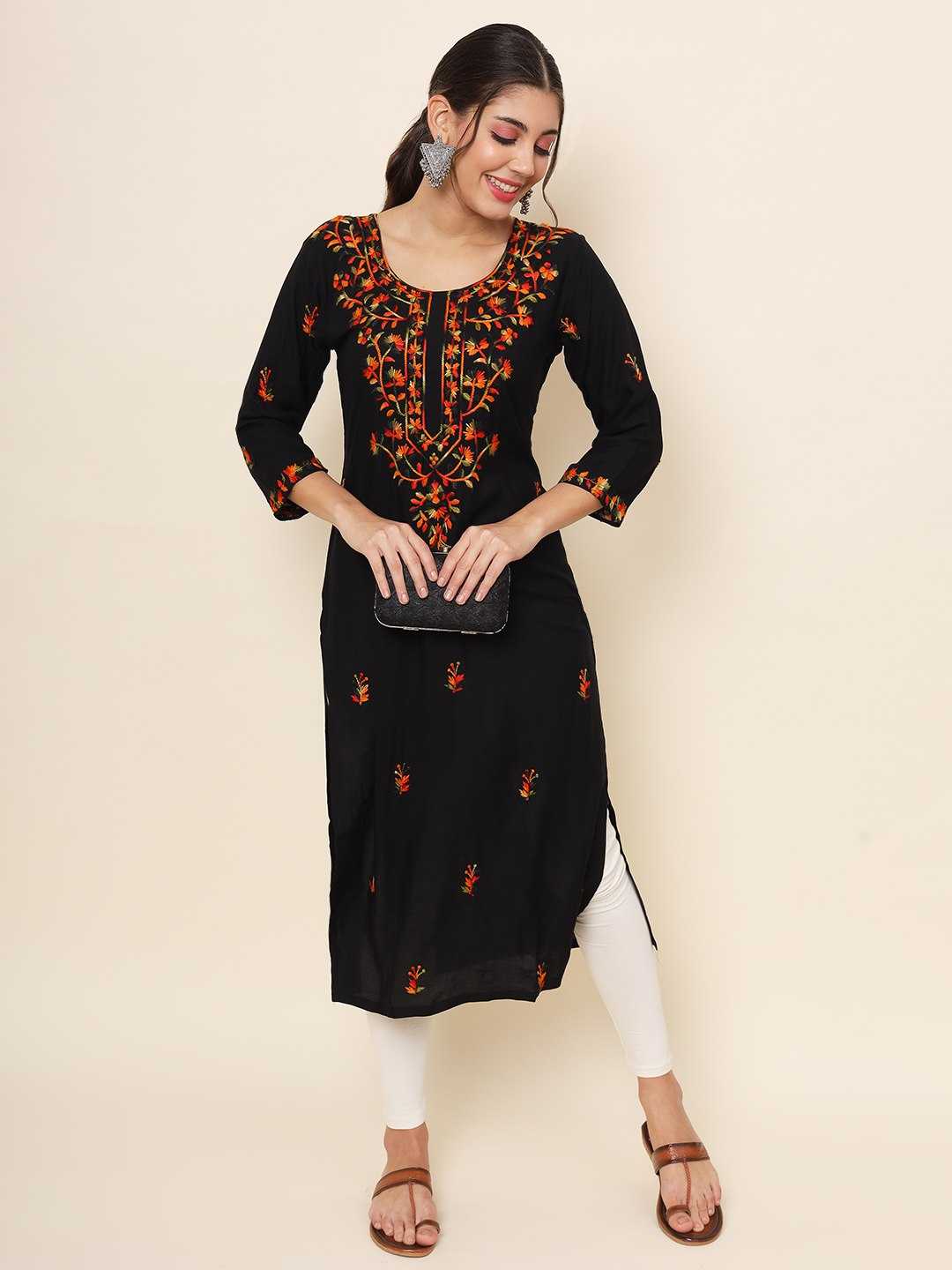 YNF RAYON RIN188 Palak KURTIS WHOLESALE LONG RAYON ROUND NECK CHIKANKARI KURTIS MANUFACTURER - Deevit International