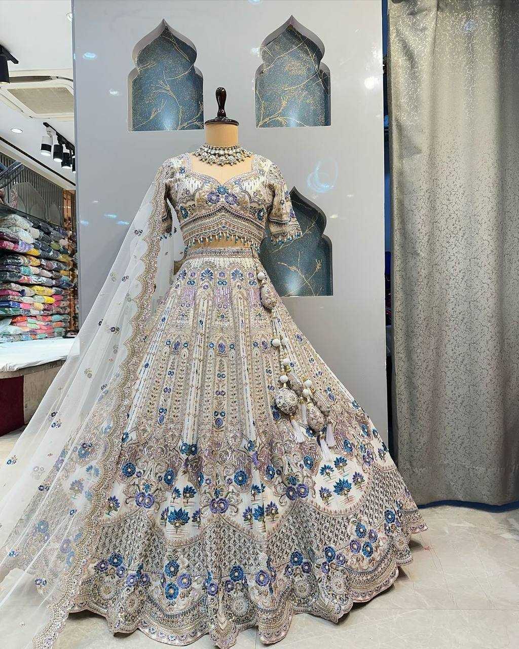 YNF SATIN SILK RIN108 1686 LEHENGAS WHOLESALE DESIGENR SILK WEDDING SEQUIND WHITE LEHENGAS MANUFACTURER - Deevit International