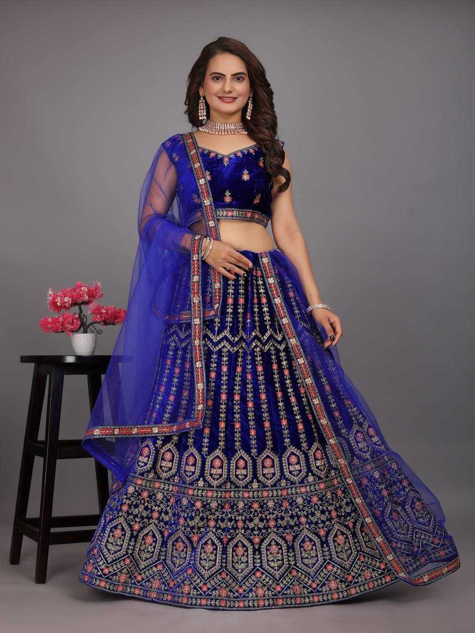 YNF VELVET KESH164 L48 LEHENGAS WHOLESALE DESIGENR VELVET WEDDING EMBROIDERED BLUE LEHENGAS MANUFACTURER - Deevit International