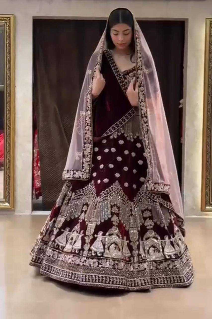 YNF VELVET RIN108 1685 LEHENGAS WHOLESALE DESIGNER BRIDAL EMBROIDERED VELVET SEQUINS LEHENGAS MANUFACTURER - Deevit International