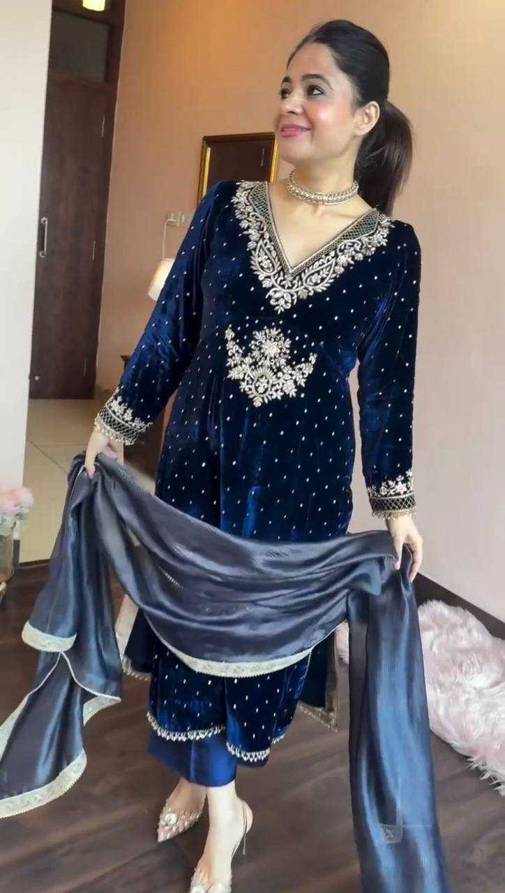 YNF VELVET RIN169 5771 SUITS & DRESSES WHOLESALE VELVET EMBROIDERY BLUE SALWAR LONG KURTI SUITS MANUFACTURE - Deevit International