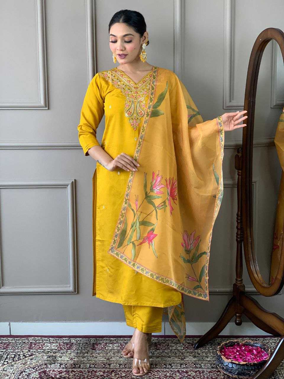 YNF VISCOSE CHANDERI KESH214 275 SUITS & DRESSES WHOLESALE LADIES CHANDERI LONG KURTI YELLOW SALWAR SUITS MANUFACTURE - Deevit International