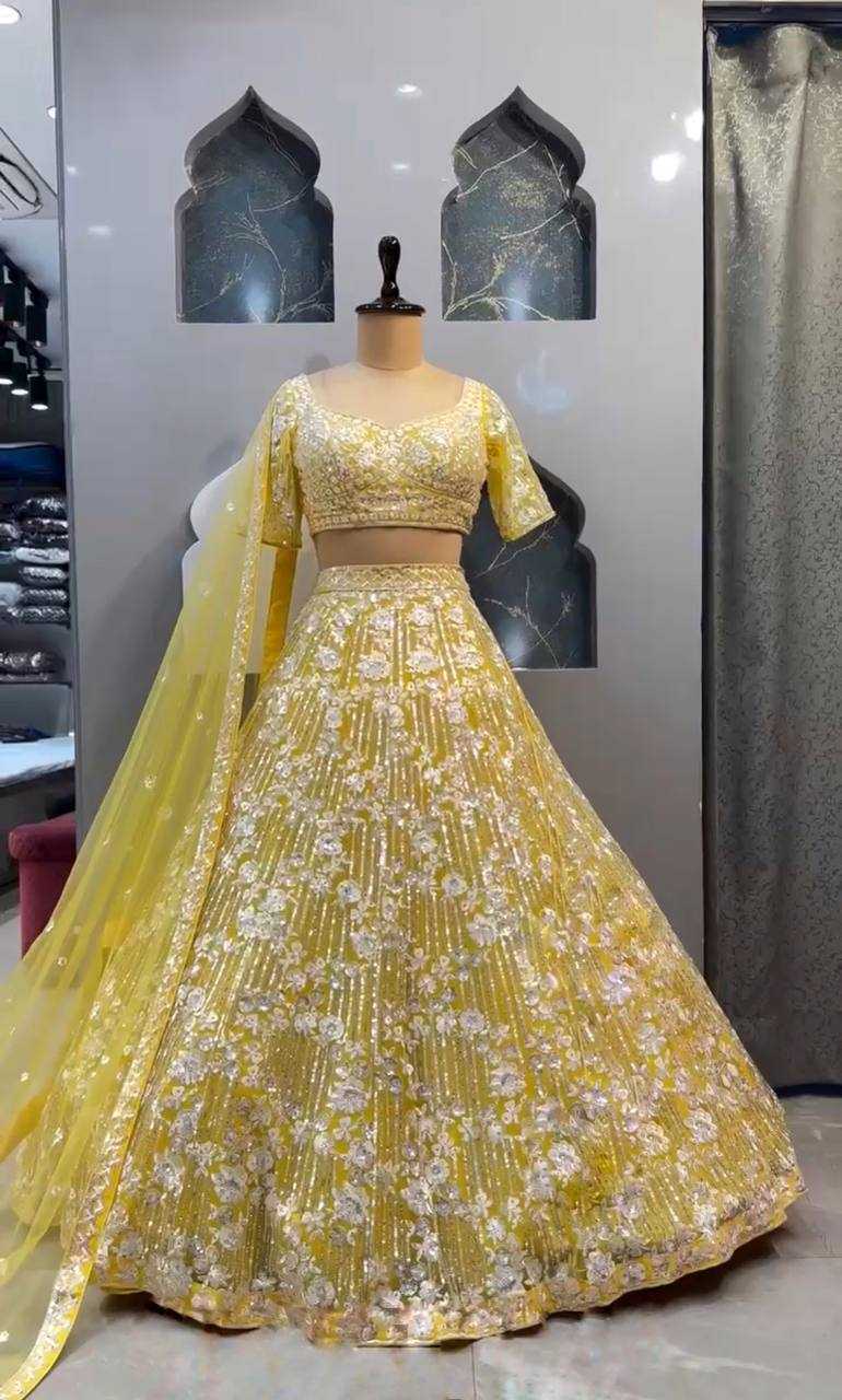 YNF BUTTERFLY NET RIN108 1694 LEHENGAS WHOLESALE BIRIDAL DESIGNER YELLOW HALDI OUTFITS LEHENGAS MANUFACTURER - Deevit International