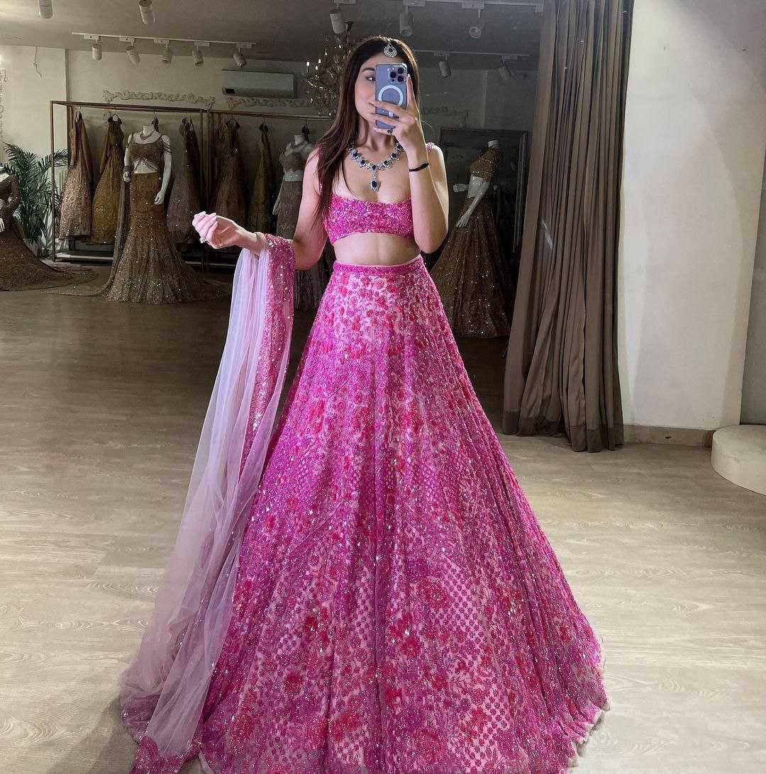 YNF BUTTERFLY NET RIN121 1002 LEHENGAS WHOLESALE EMBROIDERED DESIGNER NET FANCY SEQUNIS PINK LEHENGAS MANUFACTURER - Deevit International