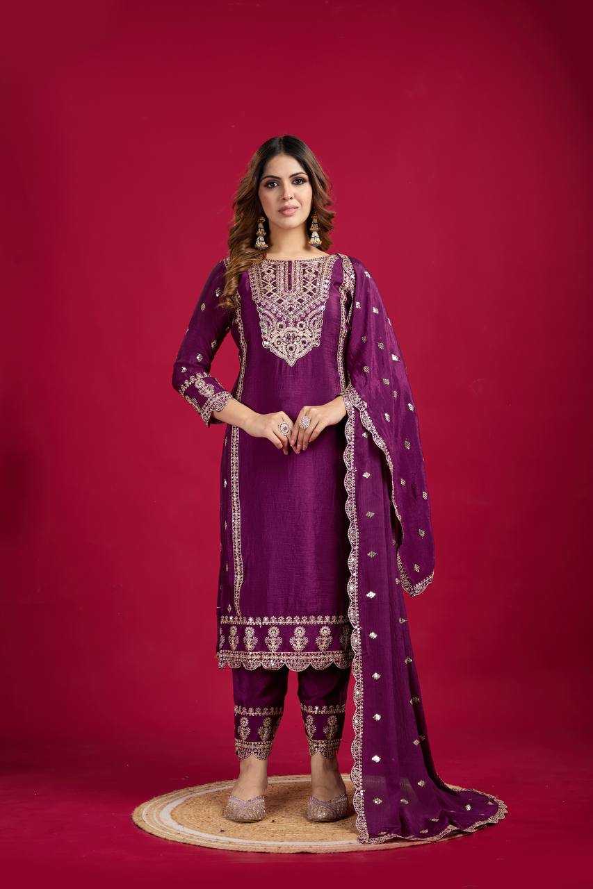 YNF CHINON SILK KESH128 5001 SUITS & DRESSES PRINTED EMBROIDERY WEDDING SILK LADIES SUITS MANUFACTUR - Deevit International