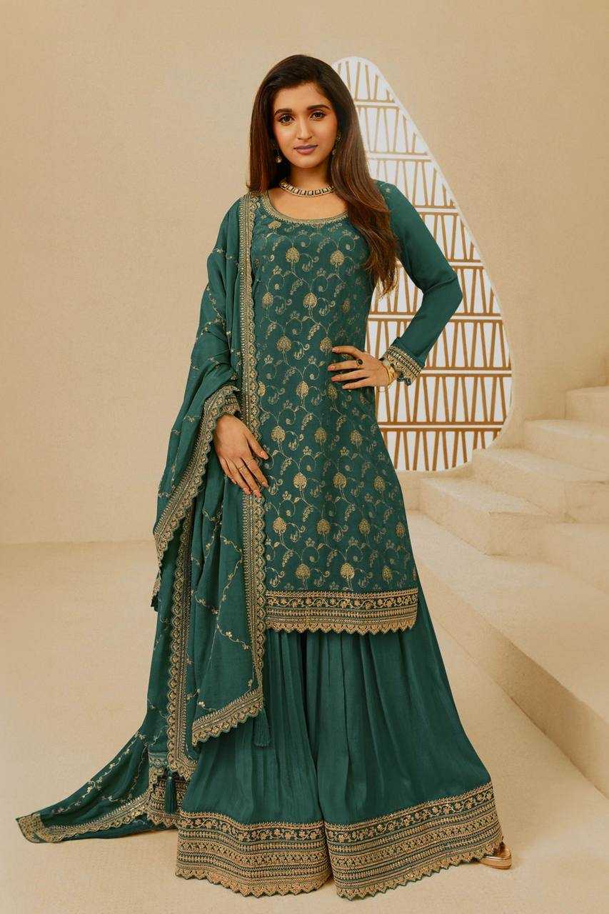 YNF CHINON SILK KESH228 572 SUITS & DRESSES PALAZZO EMBROPIDERY WEDDING GREEN SALWAR SUITS MANUFACTUR - Deevit International