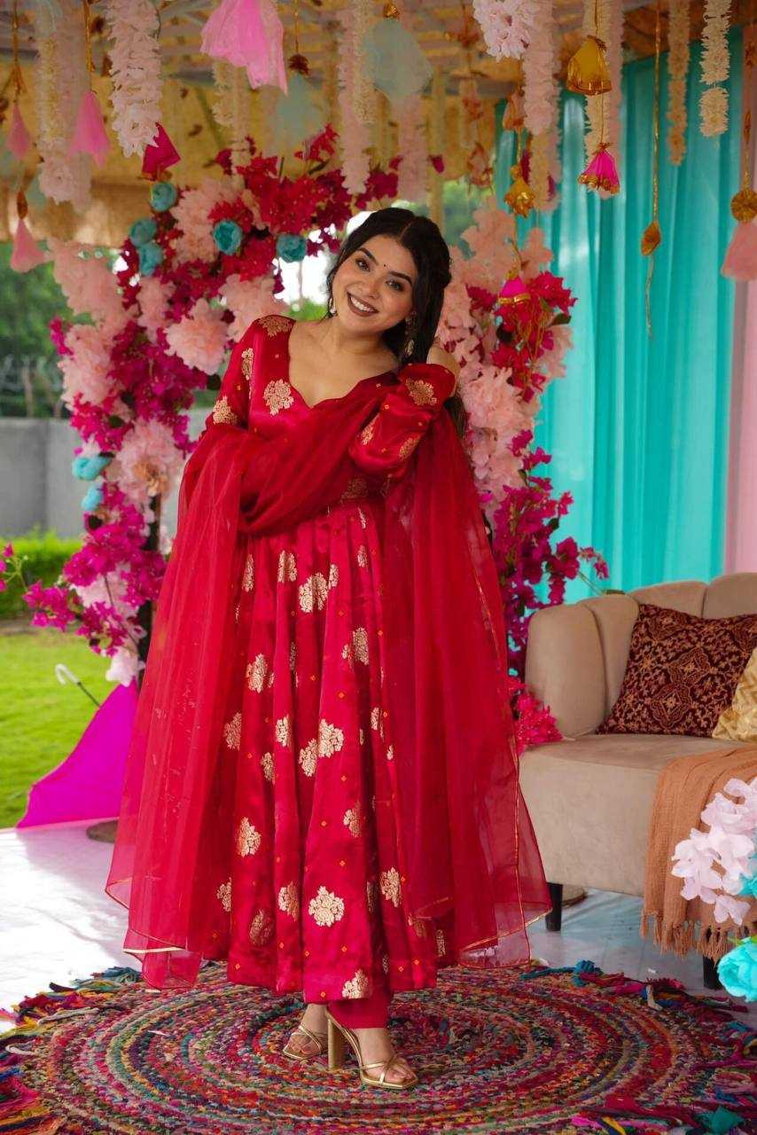 YNF CHINON SILK KESH232 1447 GOWNS WHOLESALE RED ANARAKLI FULL PRINTED WEDDING GOWNS MANUFACTURER - Deevit International