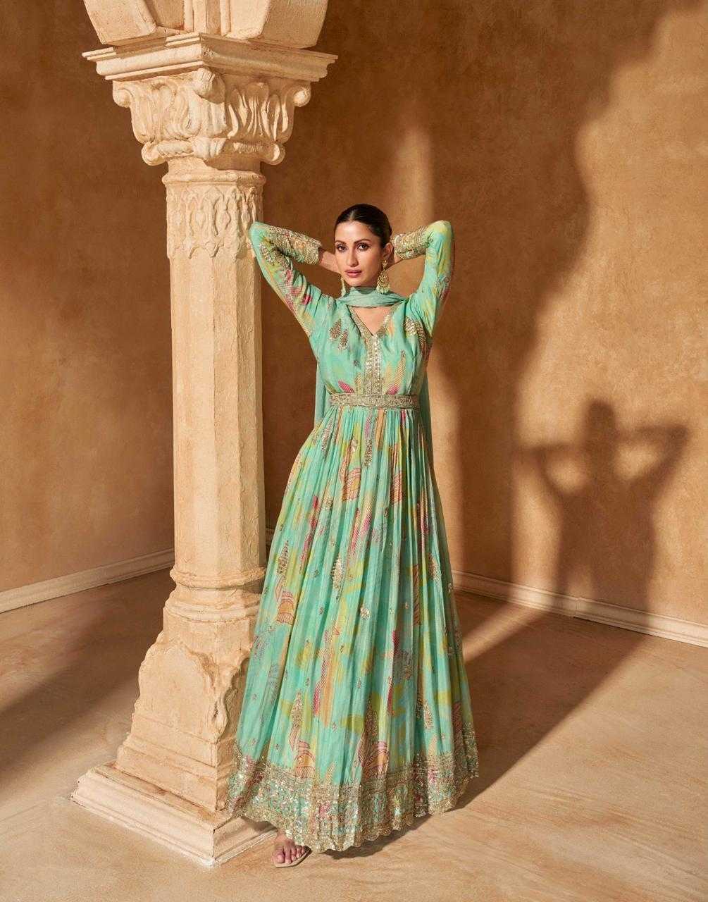 YNF CHINON SILK SAYURI KESH235 SAANJ CLOTHING BRANDS WHOLESALE GOWNS MANUFACTURER - Deevit International