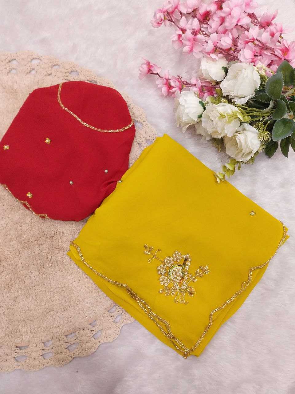 YNF FAUX GEORGETTE RIN171 565 SAREES WHOLESALE GEORGETTE HAND WORK YELLOW HALDI OUTFITS CUT WORK SAREES MANUFACTURER - Deevit International