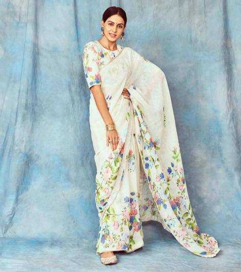 YNF LINEN KESH223 137 SAREES WHOLESALE WHITE COTTON PRINTED LINEN SAREES MANUFACTURER - Deevit International