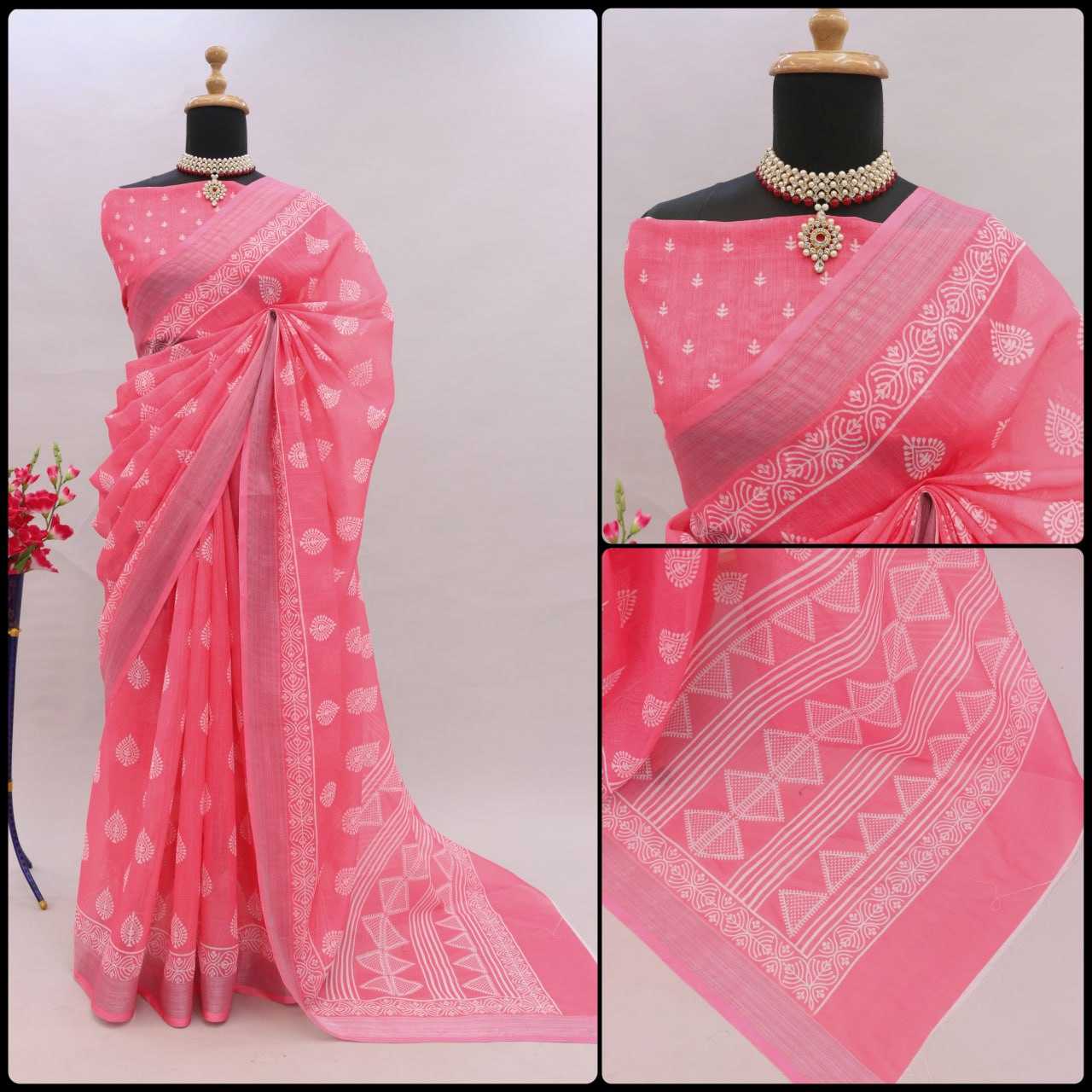 YNF LINEN KESH255 ETF03 SAREES WHOLESALE TRADITIONA PRINTED ZARI BORDER LINEN SAREES MANUFACTURER - Deevit International