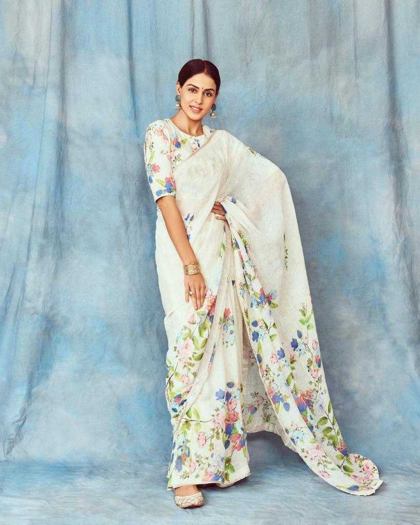 YNF LINEN RIN119 001 SAREES WHOLESALE PRINTED LADIES WHITE LINEN SAREES MANUFACTURER - Deevit International