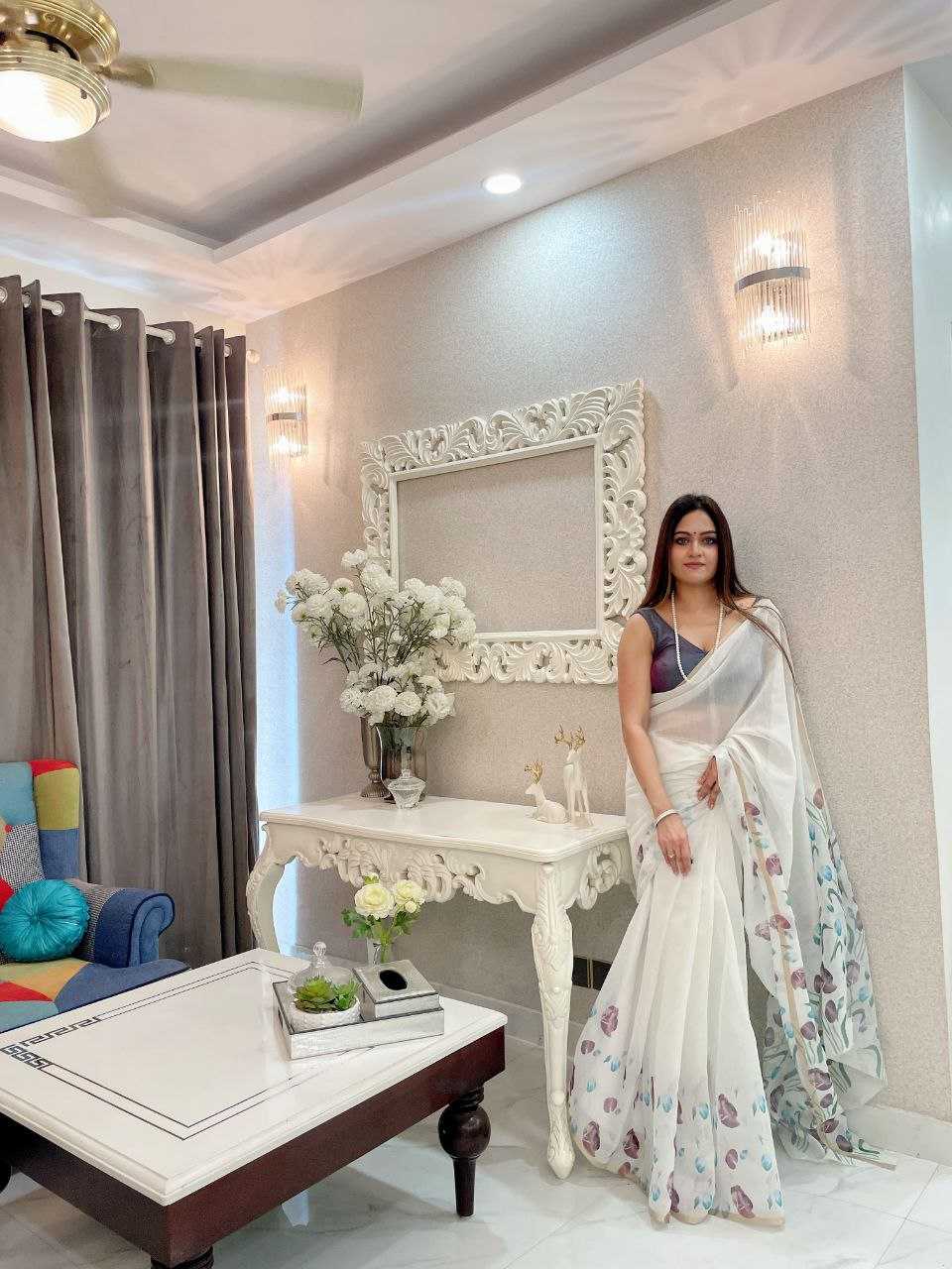 YNF LINEN RIN171 594 SAREES WHOLESALE PRINTED WHITE FLORAL LINEN SAREES MANUFACTURER - Deevit International