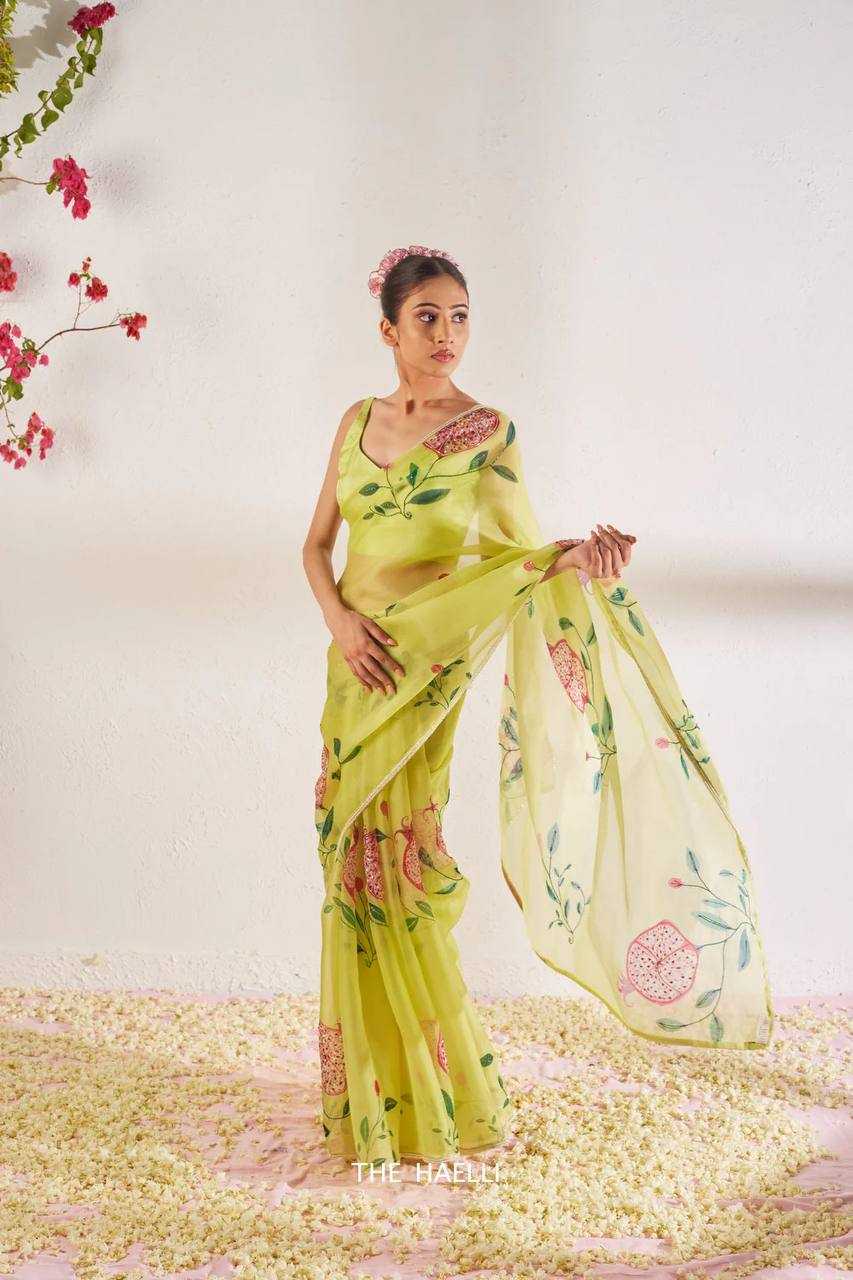 YNF ORGANZA KESH162 VOL-04 SAREES WHOLESALE ORGANZA GREEN PRINTED HAND WORK SAREES MANUFACTURER - Deevit International