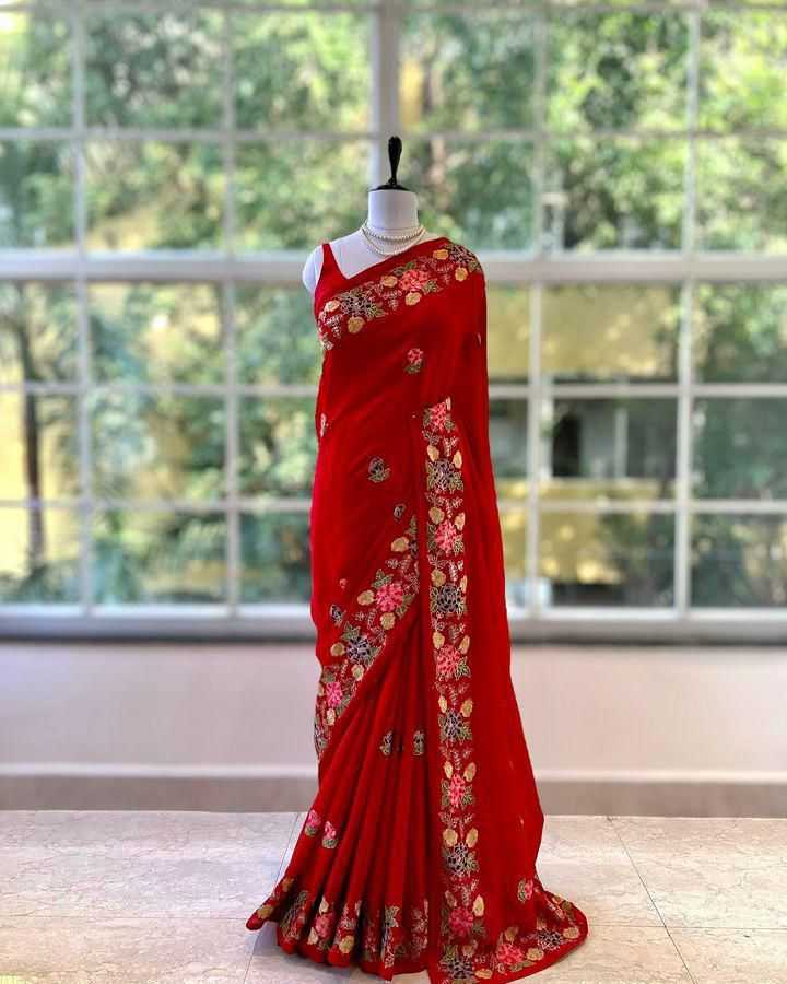 YNF TUSSAR SILK SOFT  RIN164 RRS104 SAREES WHOLESALE EMBROIDERED RED TUSSAR SILK SAREES  MANUFACTURER - Deevit International