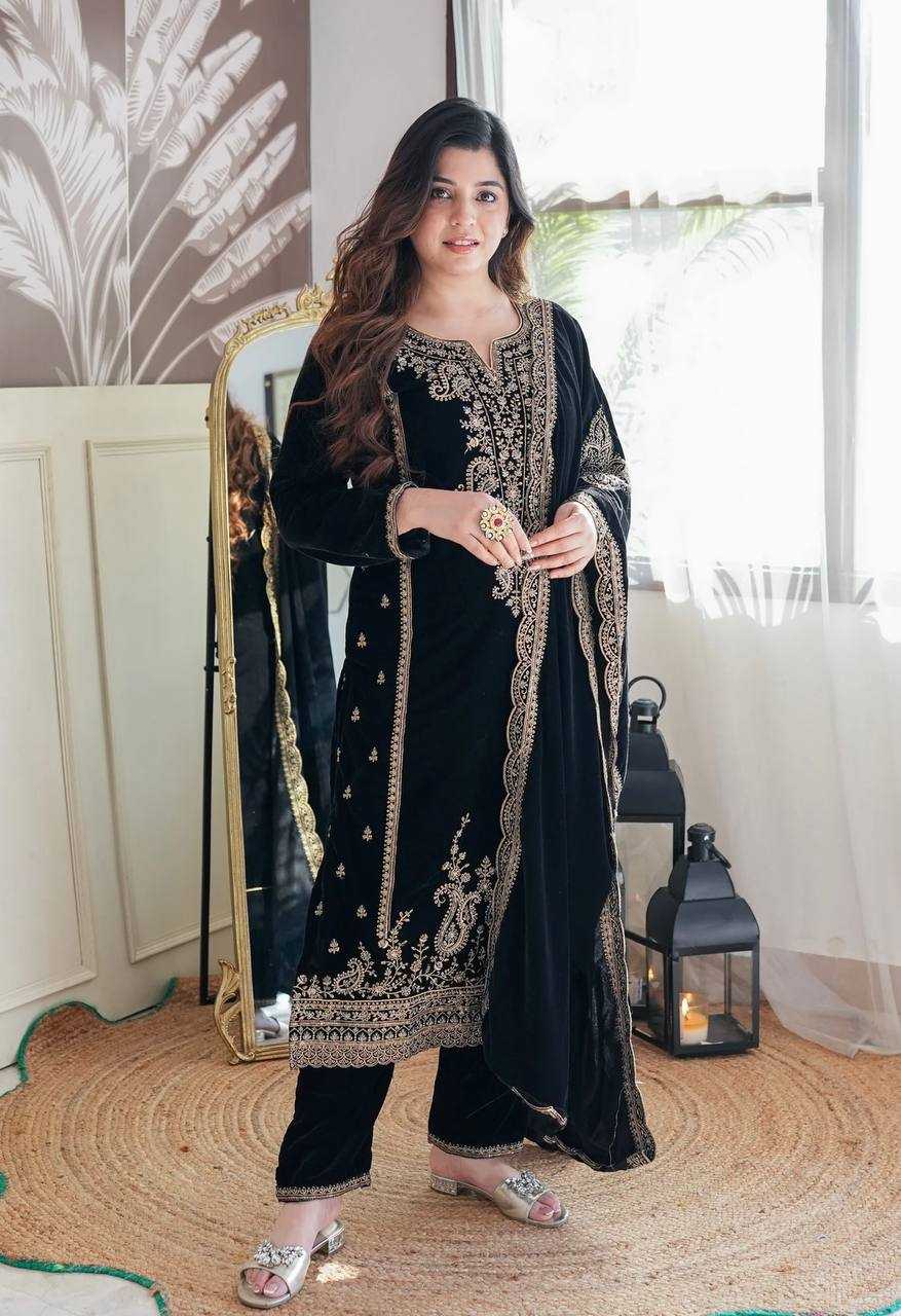 YNF VELVET KESH122 399 SUITS & DRESSES WHOLESALE EMBROPIDERY VELVET PARTY WEAR BLACK SUITS MANUFACTURE - Deevit International