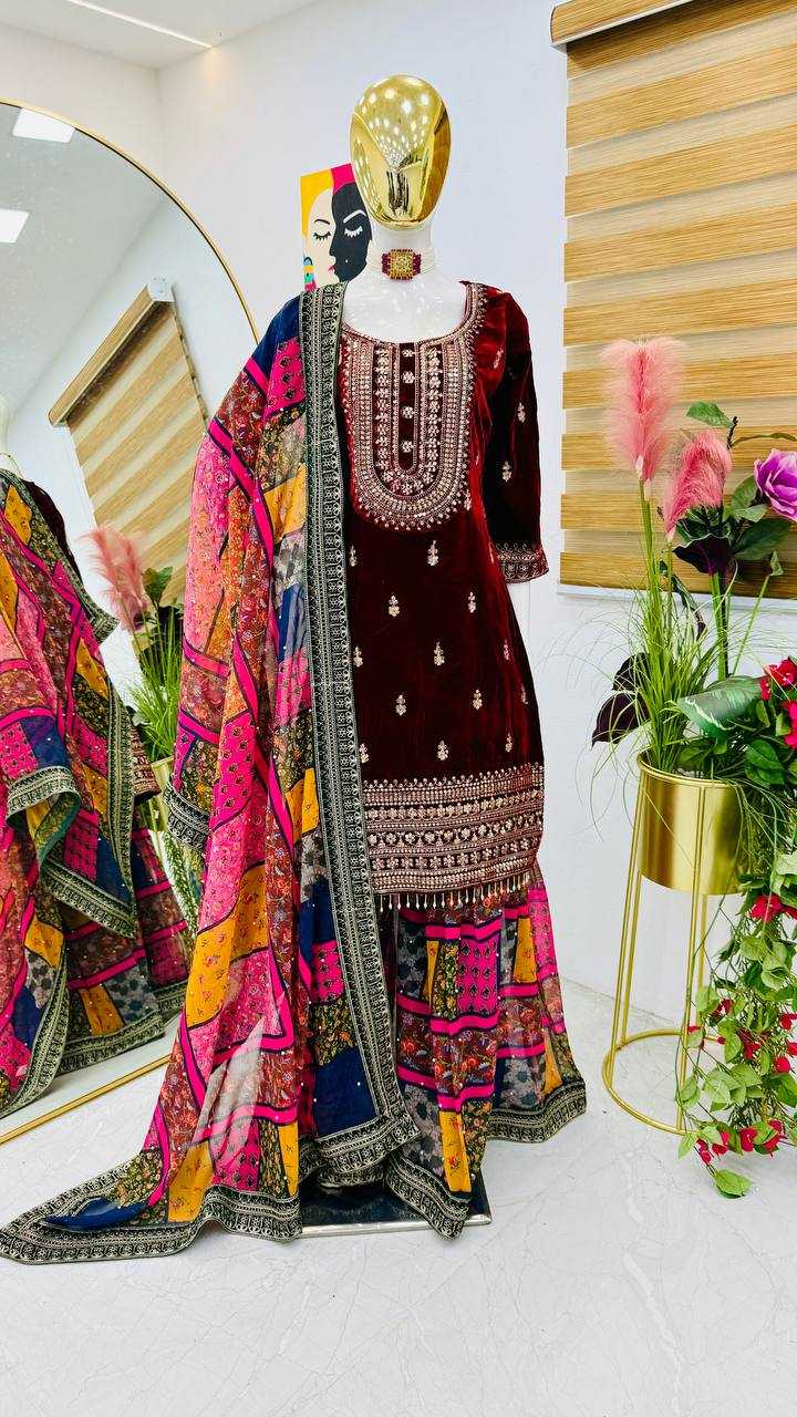 YNF VELVET KESH158 9002 SUITS & DRESSES WHOLESALE EMBROIDEREY WEDDING SHARARA SALWAR VELVET SUITS MANUFACTURE - Deevit International