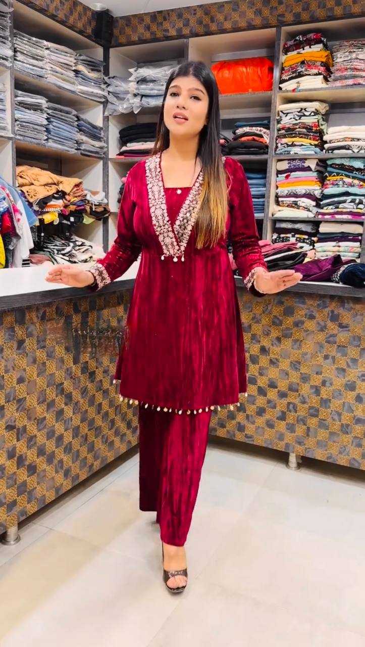 YNF VELVET KESH228 571 KURTIS WHOLESALE FESTIVE KURTI WITH BOTTOM EMBROIDERED EMBROIDERED V NECK RED KURTIS MANUFACTURER - Deevit International