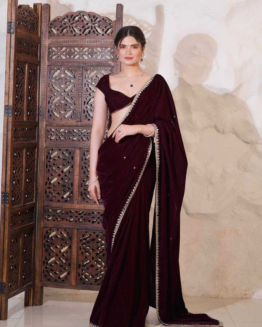 YNF VELVET KESH250 RGF12 SAREES WHOLESALE VELVET LACE BORDER MIRROR WORK SAREES MANUFACTURER - Deevit International