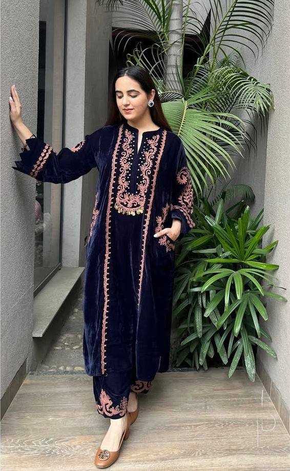 YNF VELVET RIN141 1890 KURTIS WHOLESALE PARTY WEAR KURTI WITH BOTTOM EMBROIDERED BLUE KURTIS MANUFACTURER - Deevit International